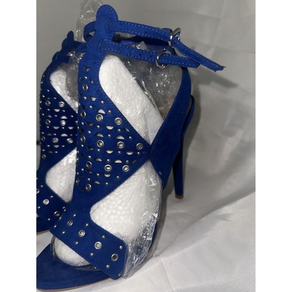 Just Fab Women's Size 8.5 Platform Stiletto 5in Heels Blue Silver Design Straps - Picture 3 of 16